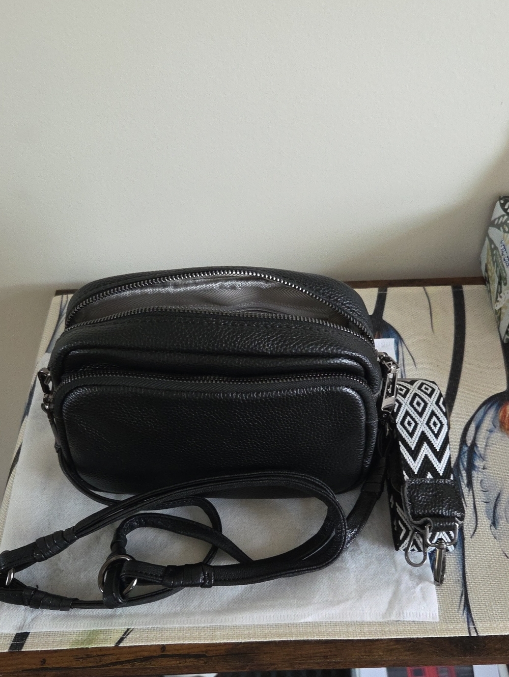 Black Leather Crossbody Bag with Geometric Strap